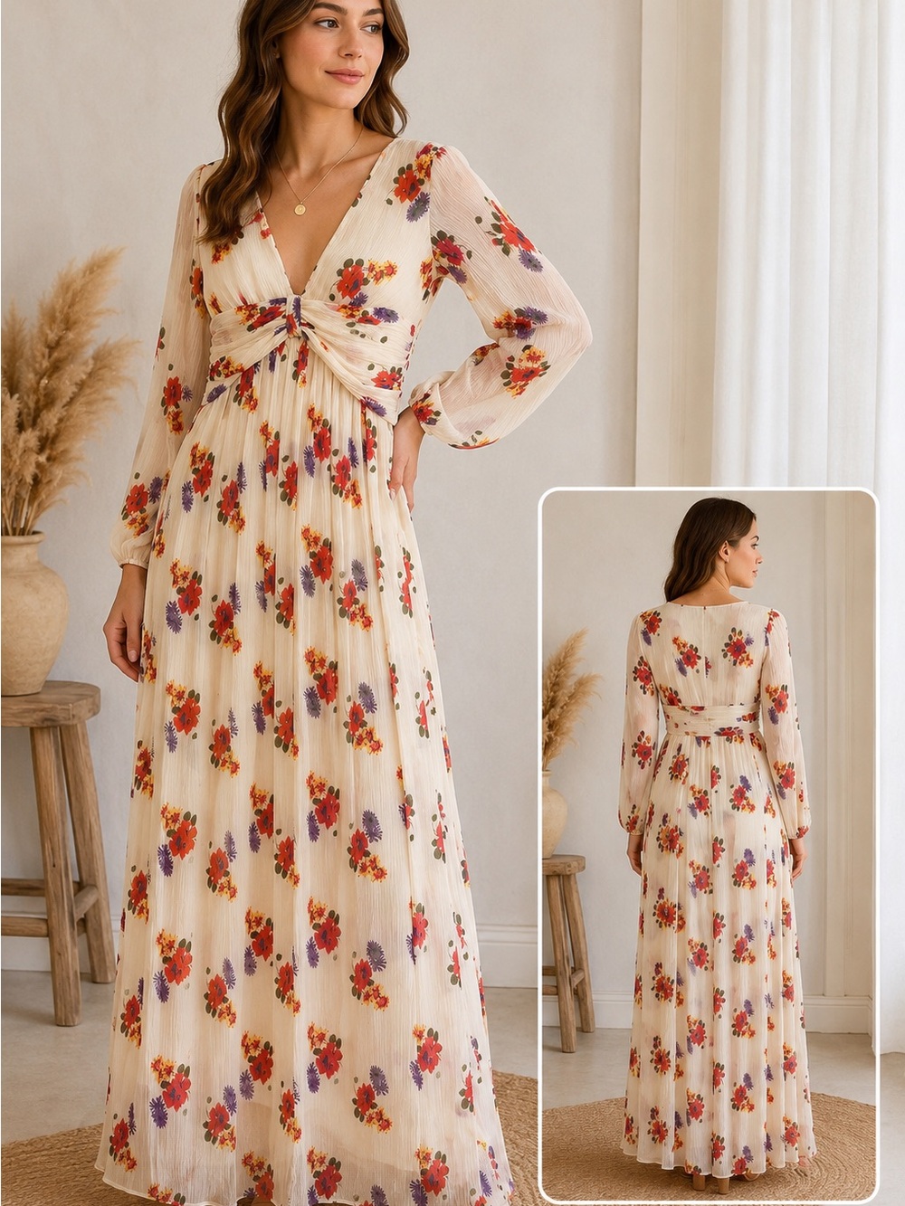 Twist-Front Floral Maxi Dress in Cream